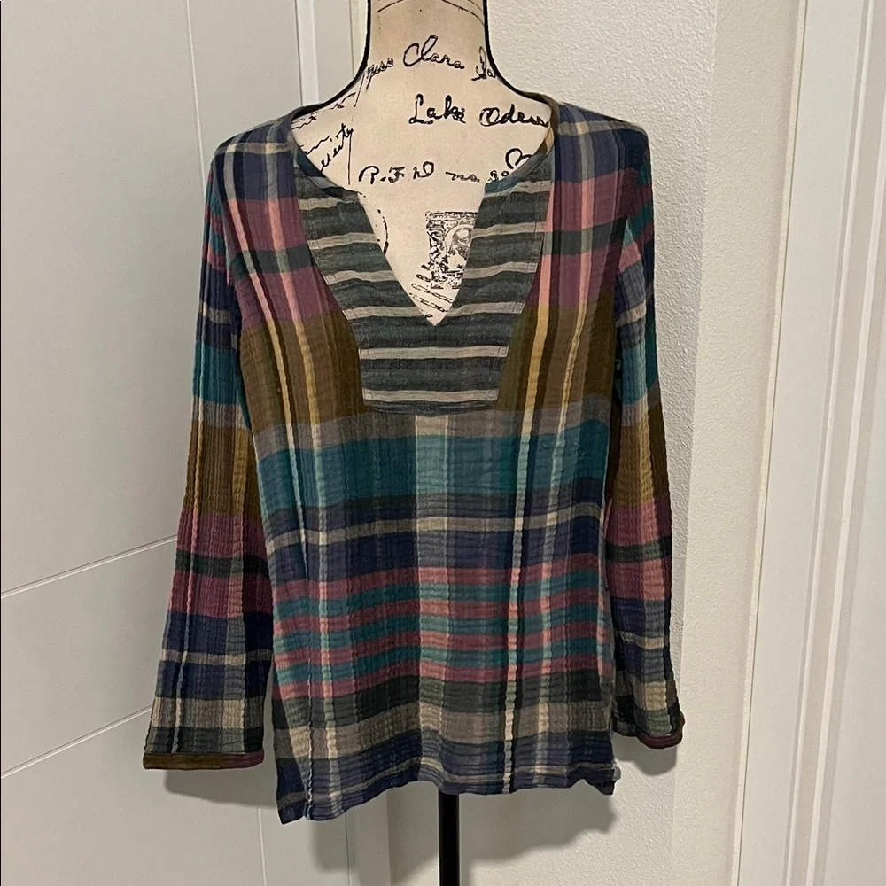 Soft Surroundings Multicolor Gauze Cotton Plaid V-Neck Top Boho Office Casual - Picture 2 of 13